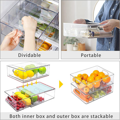 Fridge Drawer Pull Out Stackable Bins with Handle Clear Refrigerator Drawers Organizer Food Storage Container Box with Dividers Plastic Produce Saver for Pantry, Cabinet, Kitchen, Clothes（4Pack）