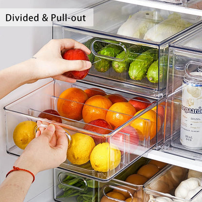 Fridge Drawer Pull Out Stackable Bins with Handle Clear Refrigerator Drawers Organizer Food Storage Container Box with Dividers Plastic Produce Saver for Pantry, Cabinet, Kitchen, Clothes（4Pack）