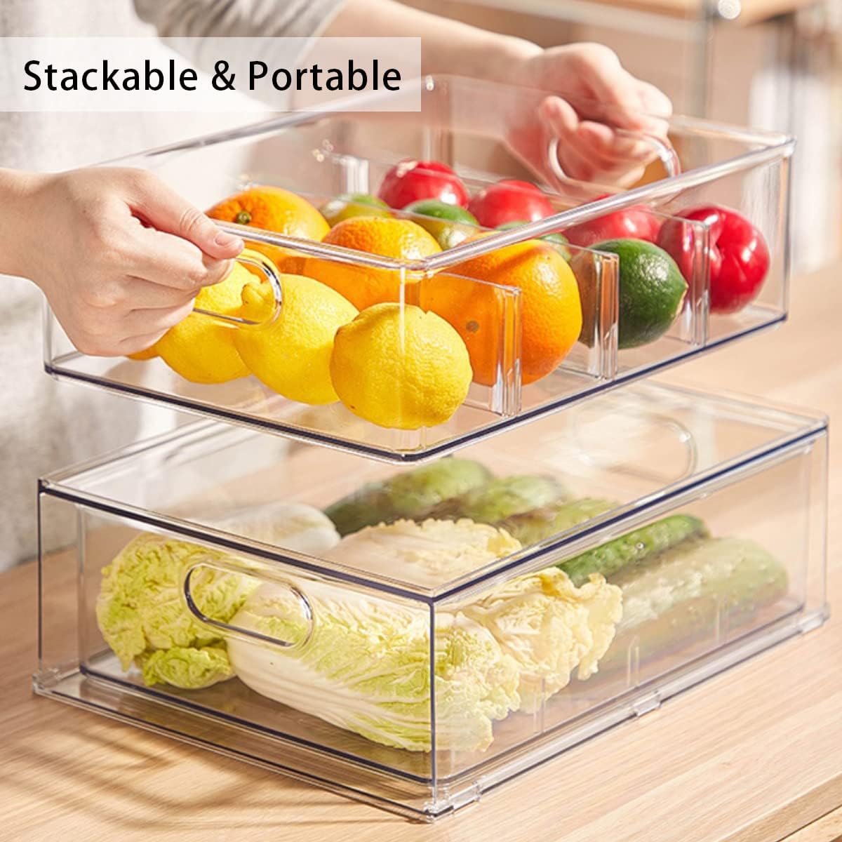 Fridge Drawer Pull Out Stackable Bins with Handle Clear Refrigerator Drawers Organizer Food Storage Container Box with Dividers Plastic Produce Saver for Pantry, Cabinet, Kitchen, Clothes（4Pack）