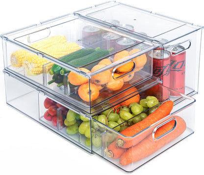 Fridge Drawer Pull Out Stackable Bins with Handle Clear Refrigerator Drawers Organizer Food Storage Container Box with Dividers Plastic Produce Saver for Pantry, Cabinet, Kitchen, Clothes（4Pack）