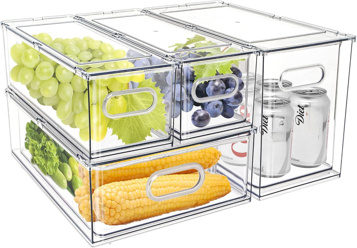 Fridge Drawer Pull Out Stackable Bins with Handle Clear Refrigerator Drawers Organizer Food Storage Container Box with Dividers Plastic Produce Saver for Pantry, Cabinet, Kitchen, Clothes（4Pack）