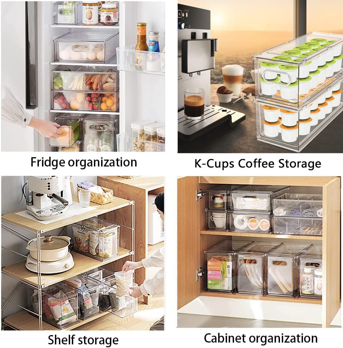 Fridge Drawer Pull Out Stackable Bins with Handle Clear Refrigerator Drawers Organizer Food Storage Container Box with Dividers Plastic Produce Saver for Pantry, Cabinet, Kitchen, Clothes（4Pack）