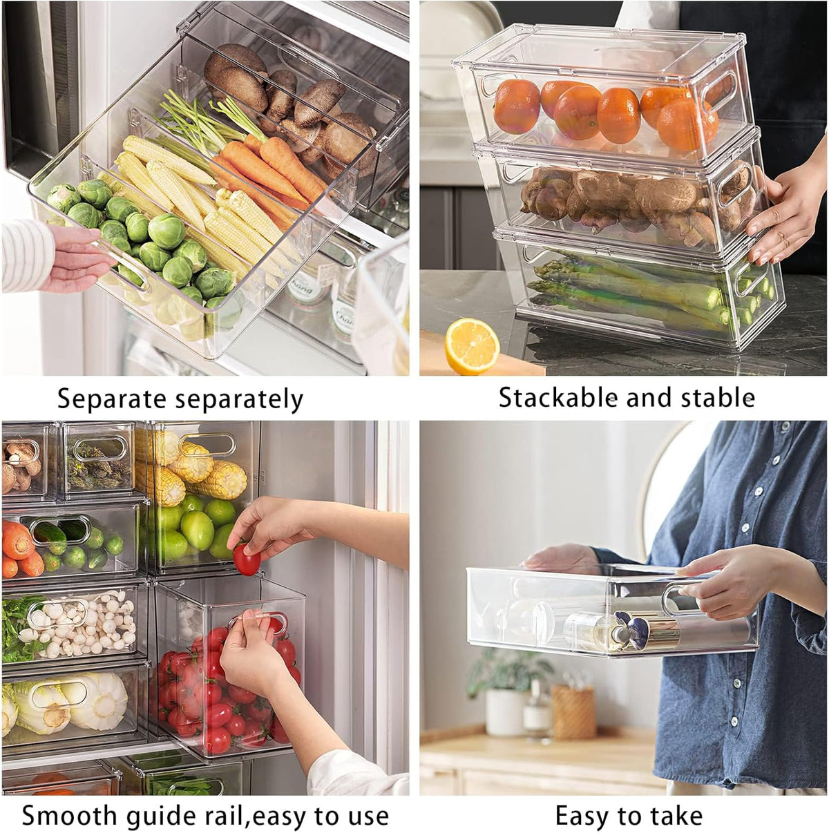 Fridge Drawer Pull Out Stackable Bins with Handle Clear Refrigerator Drawers Organizer Food Storage Container Box with Dividers Plastic Produce Saver for Pantry, Cabinet, Kitchen, Clothes（4Pack）