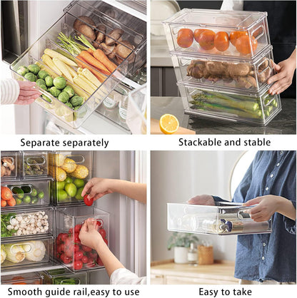 Fridge Drawer Pull Out Stackable Bins with Handle Clear Refrigerator Drawers Organizer Food Storage Container Box with Dividers Plastic Produce Saver for Pantry, Cabinet, Kitchen, Clothes（4Pack）