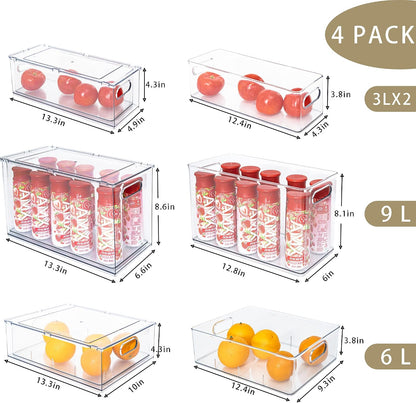 Fridge Drawer Pull Out Stackable Bins with Handle Clear Refrigerator Drawers Organizer Food Storage Container Box with Dividers Plastic Produce Saver for Pantry, Cabinet, Kitchen, Clothes（4Pack）