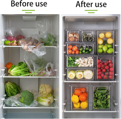 Fridge Drawer Pull Out Stackable Bins with Handle Clear Refrigerator Drawers Organizer Food Storage Container Box with Dividers Plastic Produce Saver for Pantry, Cabinet, Kitchen, Clothes（4Pack）