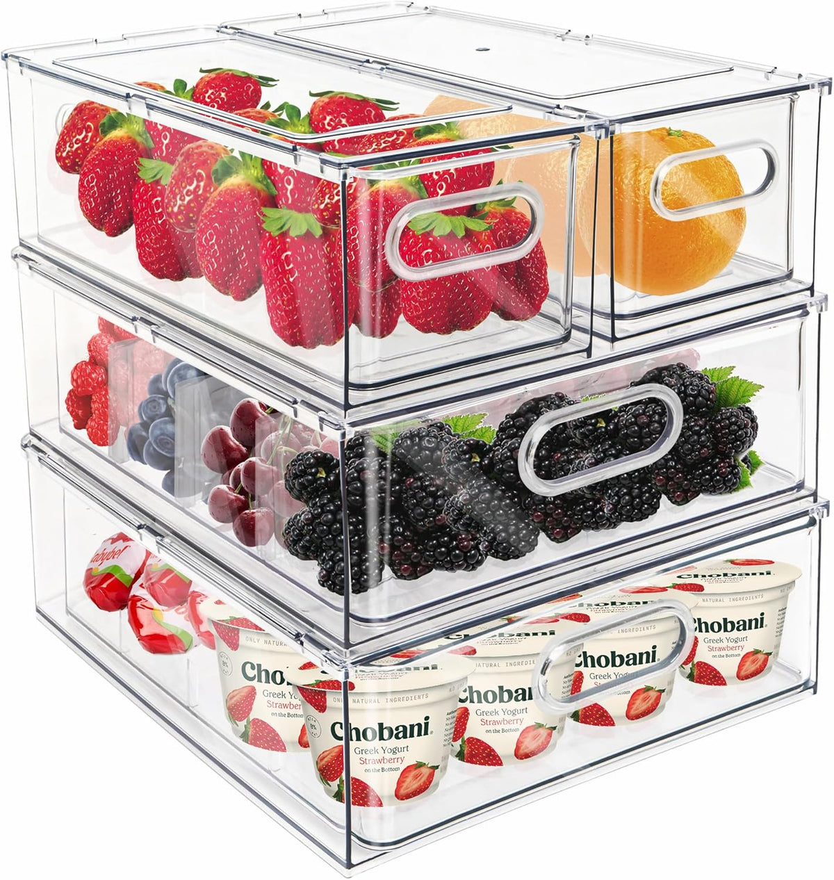 Fridge Drawer Pull Out Stackable Bins with Handle Clear Refrigerator Drawers Organizer Food Storage Container Box with Dividers Plastic Produce Saver for Pantry, Cabinet, Kitchen, Clothes（4Pack）
