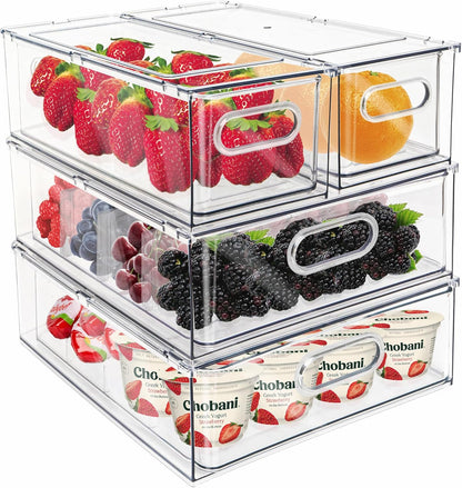 Fridge Drawer Pull Out Stackable Bins with Handle Clear Refrigerator Drawers Organizer Food Storage Container Box with Dividers Plastic Produce Saver for Pantry, Cabinet, Kitchen, Clothes（4Pack）