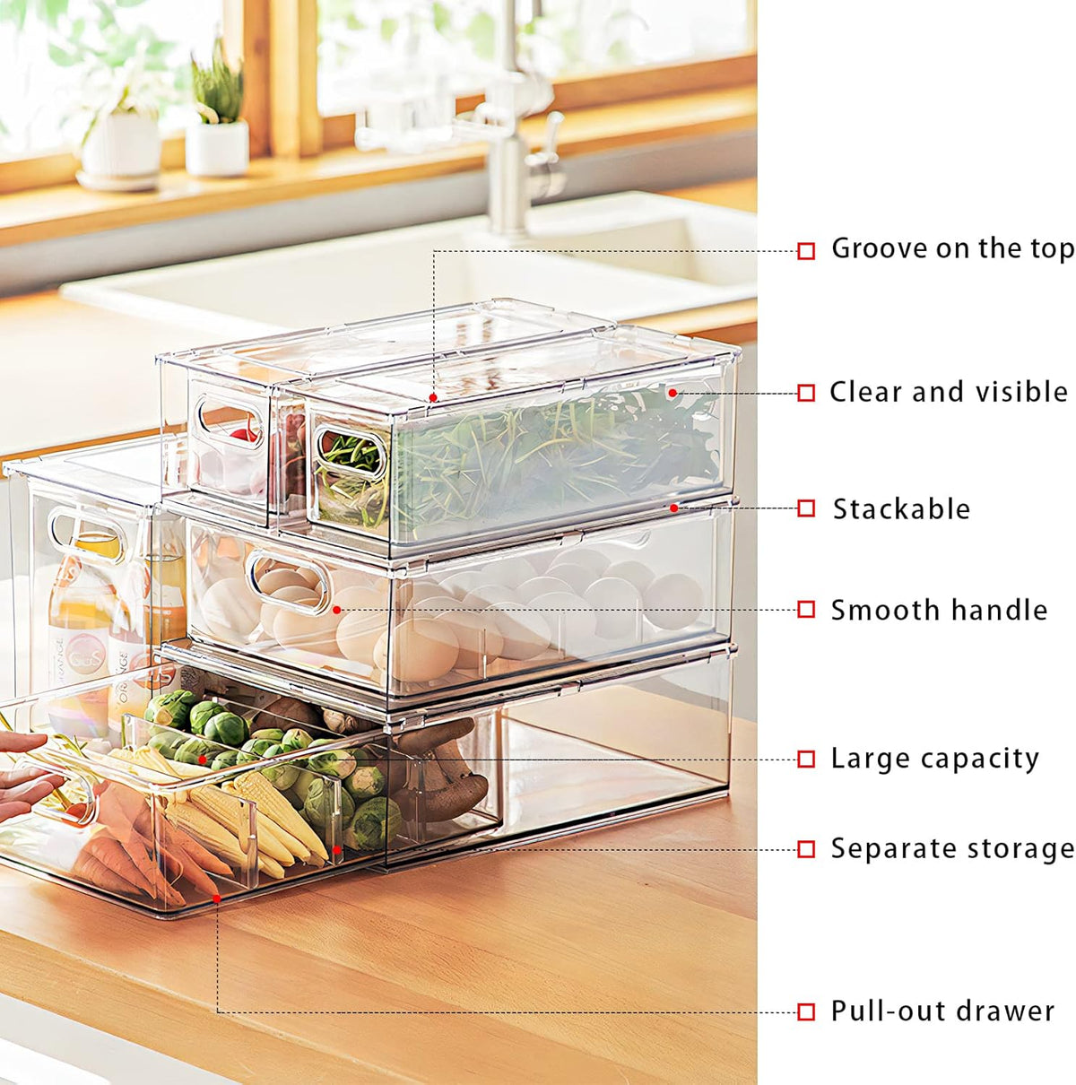 Fridge Drawer Pull Out Stackable Bins with Handle Clear Refrigerator Drawers Organizer Food Storage Container Box with Dividers Plastic Produce Saver for Pantry, Cabinet, Kitchen, Clothes（4Pack）