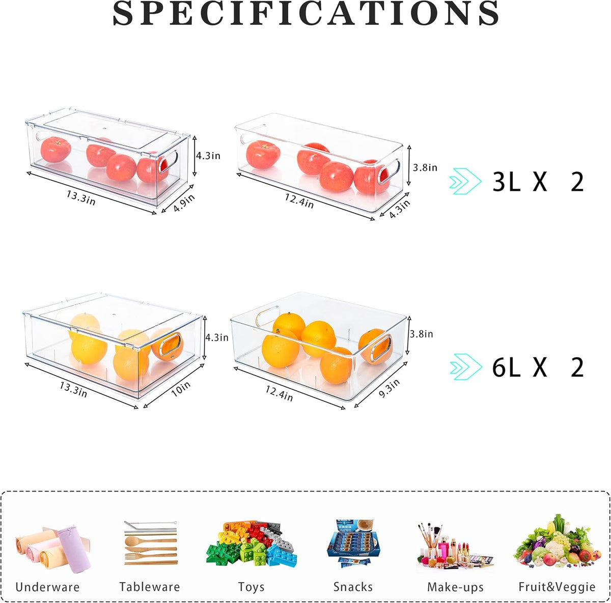 Fridge Drawer Pull Out Stackable Bins with Handle Clear Refrigerator Drawers Organizer Food Storage Container Box with Dividers Plastic Produce Saver for Pantry, Cabinet, Kitchen, Clothes（4Pack）