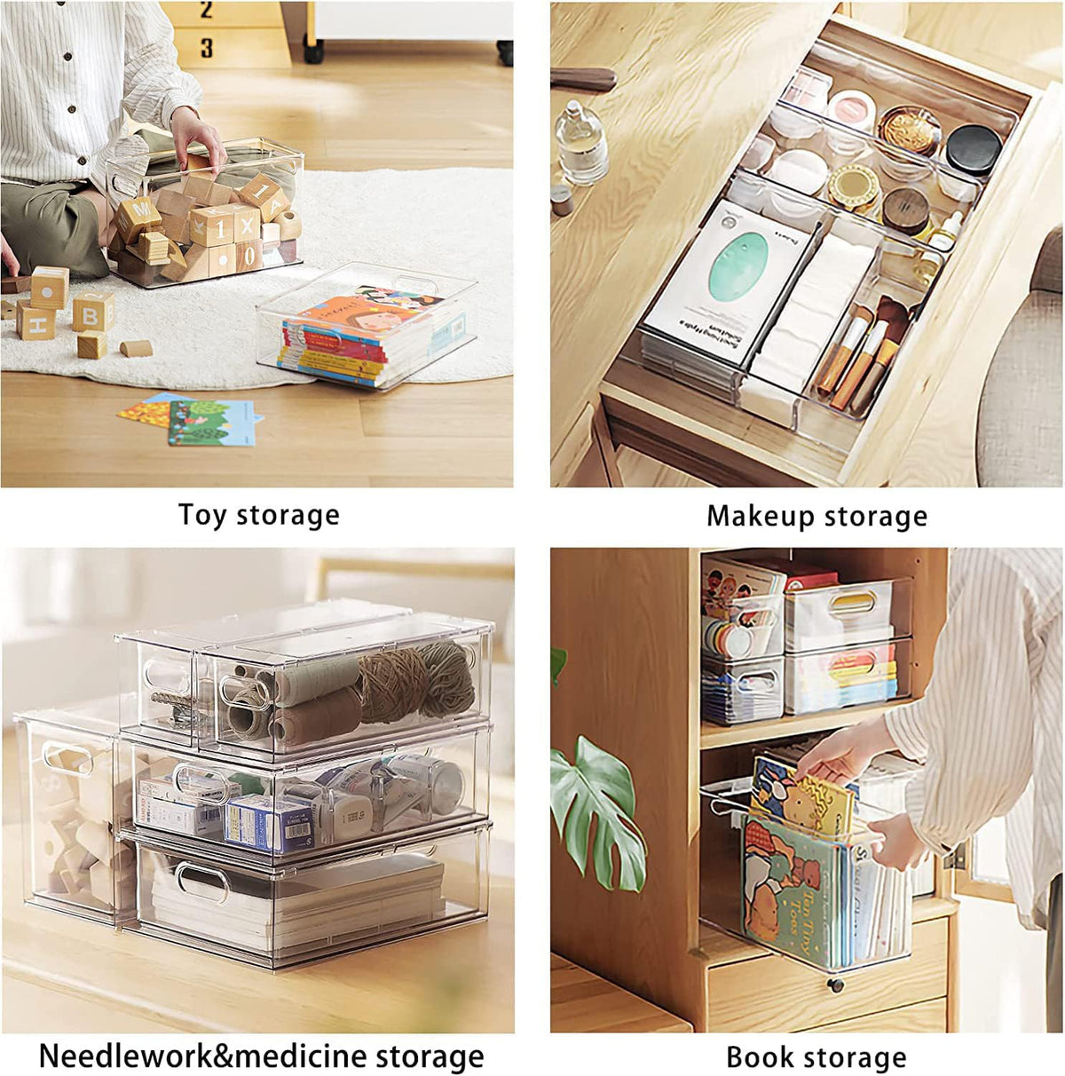 Fridge Drawer Pull Out Stackable Bins with Handle Clear Refrigerator Drawers Organizer Food Storage Container Box with Dividers Plastic Produce Saver for Pantry, Cabinet, Kitchen, Clothes（4Pack）