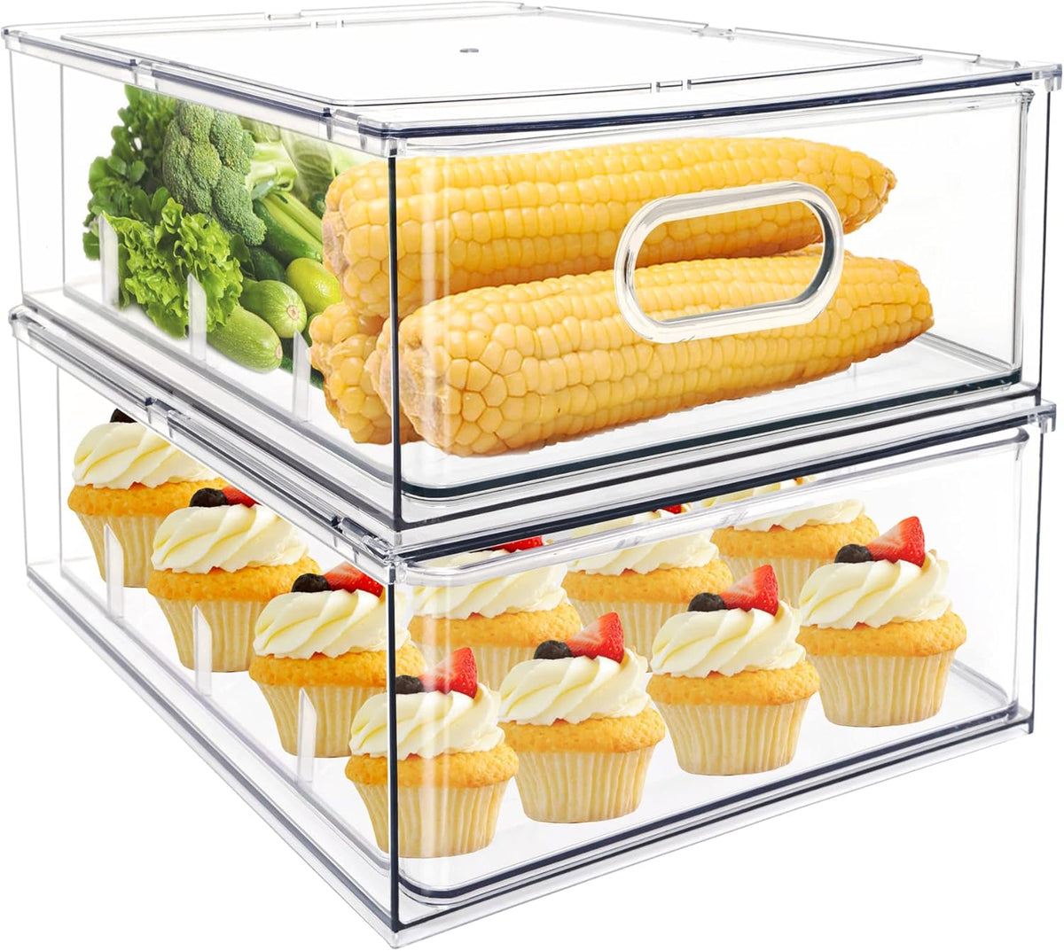 Fridge Drawer Pull Out Stackable Bins with Handle Clear Refrigerator Drawers Organizer Food Storage Container Box with Dividers Plastic Produce Saver for Pantry, Cabinet, Kitchen, Clothes（4Pack）