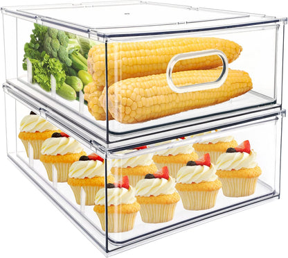 Fridge Drawer Pull Out Stackable Bins with Handle Clear Refrigerator Drawers Organizer Food Storage Container Box with Dividers Plastic Produce Saver for Pantry, Cabinet, Kitchen, Clothes（4Pack）