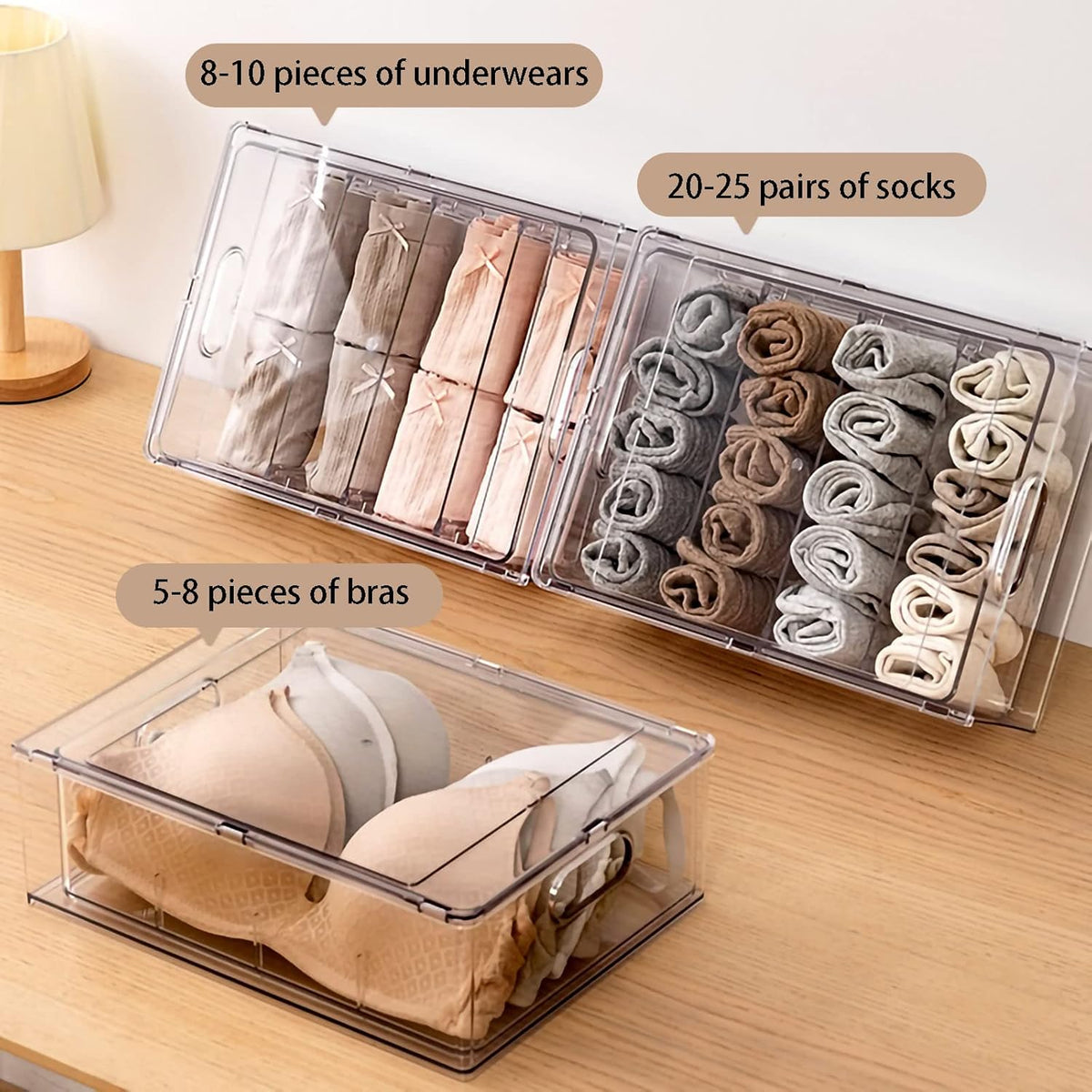 Fridge Drawer Pull Out Stackable Bins with Handle Clear Refrigerator Drawers Organizer Food Storage Container Box with Dividers Plastic Produce Saver for Pantry, Cabinet, Kitchen, Clothes（4Pack）
