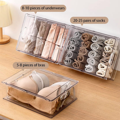 Fridge Drawer Pull Out Stackable Bins with Handle Clear Refrigerator Drawers Organizer Food Storage Container Box with Dividers Plastic Produce Saver for Pantry, Cabinet, Kitchen, Clothes（4Pack）