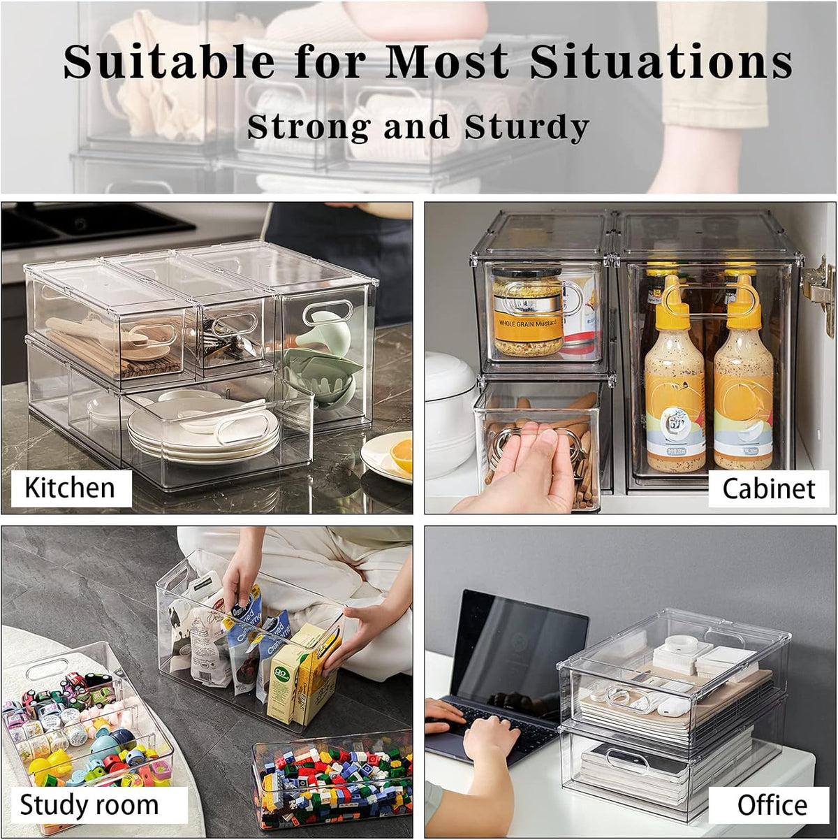 Fridge Drawer Pull Out Stackable Bins with Handle Clear Refrigerator Drawers Organizer Food Storage Container Box with Dividers Plastic Produce Saver for Pantry, Cabinet, Kitchen, Clothes（4Pack）