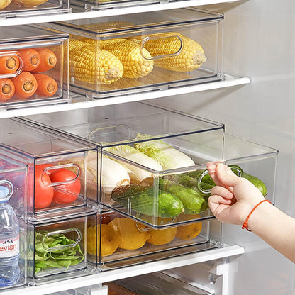 Fridge Drawer Pull Out Stackable Bins with Handle Clear Refrigerator Drawers Organizer Food Storage Container Box with Dividers Plastic Produce Saver for Pantry, Cabinet, Kitchen, Clothes（4Pack）
