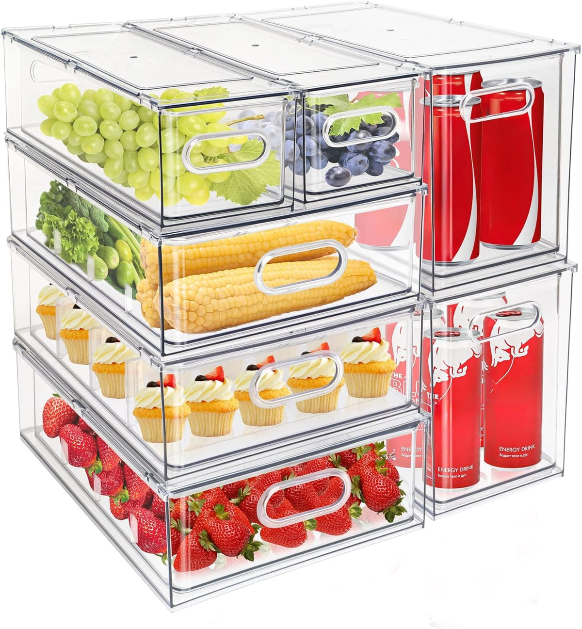 Fridge Drawer Pull Out Stackable Bins with Handle Clear Refrigerator Drawers Organizer Food Storage Container Box with Dividers Plastic Produce Saver for Pantry, Cabinet, Kitchen, Clothes（4Pack）