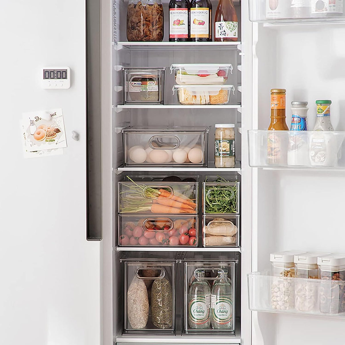 Fridge Drawer Pull Out Stackable Bins with Handle Clear Refrigerator Drawers Organizer Food Storage Container Box with Dividers Plastic Produce Saver for Pantry, Cabinet, Kitchen, Clothes（4Pack）