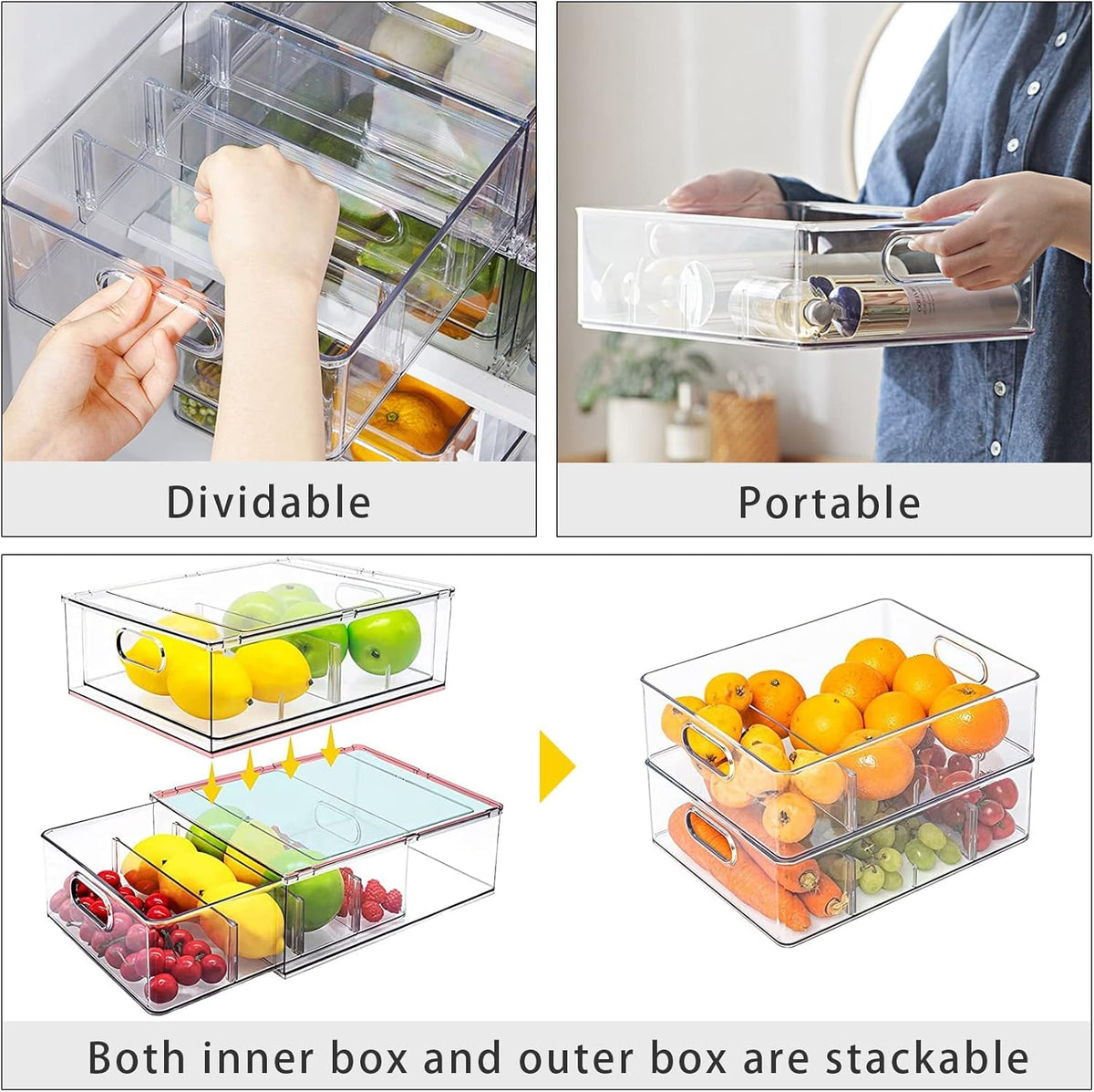 Fridge Drawer Pull Out Stackable Bins with Handle Clear Refrigerator Drawers Organizer Food Storage Container Box with Dividers Plastic Produce Saver for Pantry, Cabinet, Kitchen, Clothes（4Pack）
