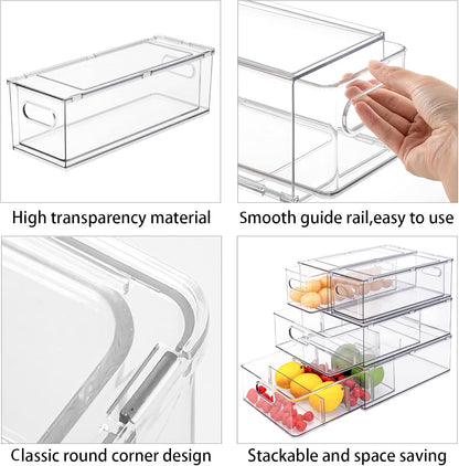 Fridge Drawer Pull Out Stackable Bins with Handle Clear Refrigerator Drawers Organizer Food Storage Container Box with Dividers Plastic Produce Saver for Pantry, Cabinet, Kitchen, Clothes（4Pack）