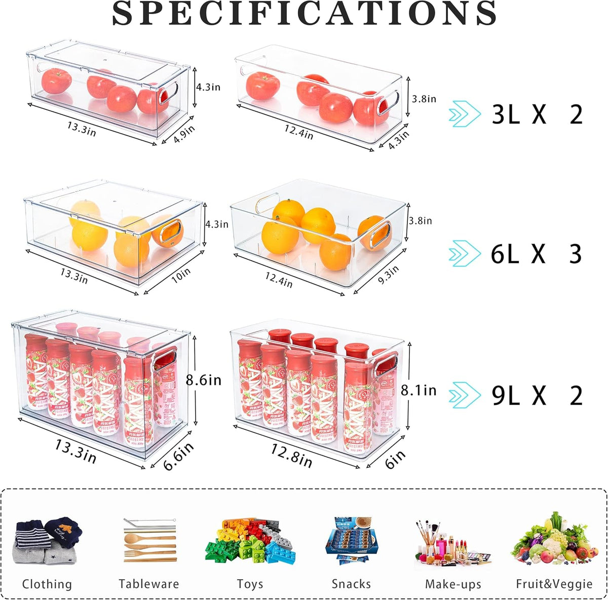 Fridge Drawer Pull Out Stackable Bins with Handle Clear Refrigerator Drawers Organizer Food Storage Container Box with Dividers Plastic Produce Saver for Pantry, Cabinet, Kitchen, Clothes（4Pack）