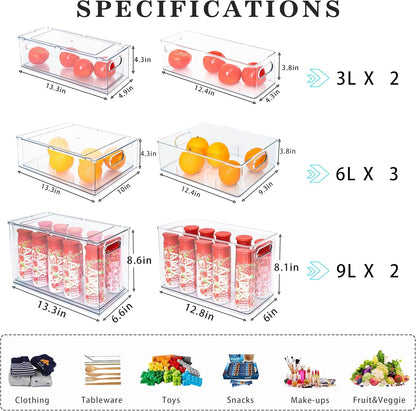 Fridge Drawer Pull Out Stackable Bins with Handle Clear Refrigerator Drawers Organizer Food Storage Container Box with Dividers Plastic Produce Saver for Pantry, Cabinet, Kitchen, Clothes（4Pack）