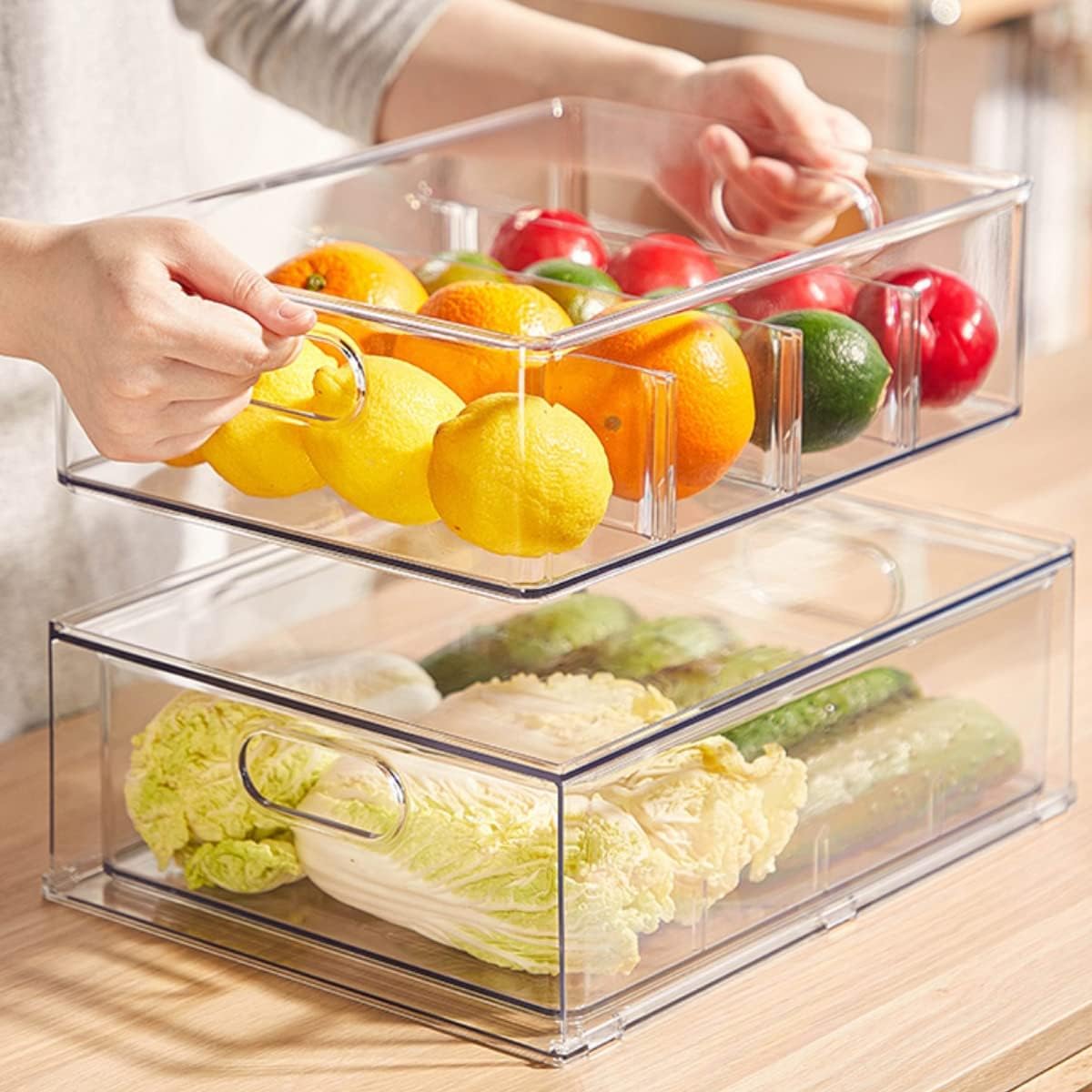 Fridge Drawer Pull Out Stackable Bins with Handle Clear Refrigerator Drawers Organizer Food Storage Container Box with Dividers Plastic Produce Saver for Pantry, Cabinet, Kitchen, Clothes（4Pack）