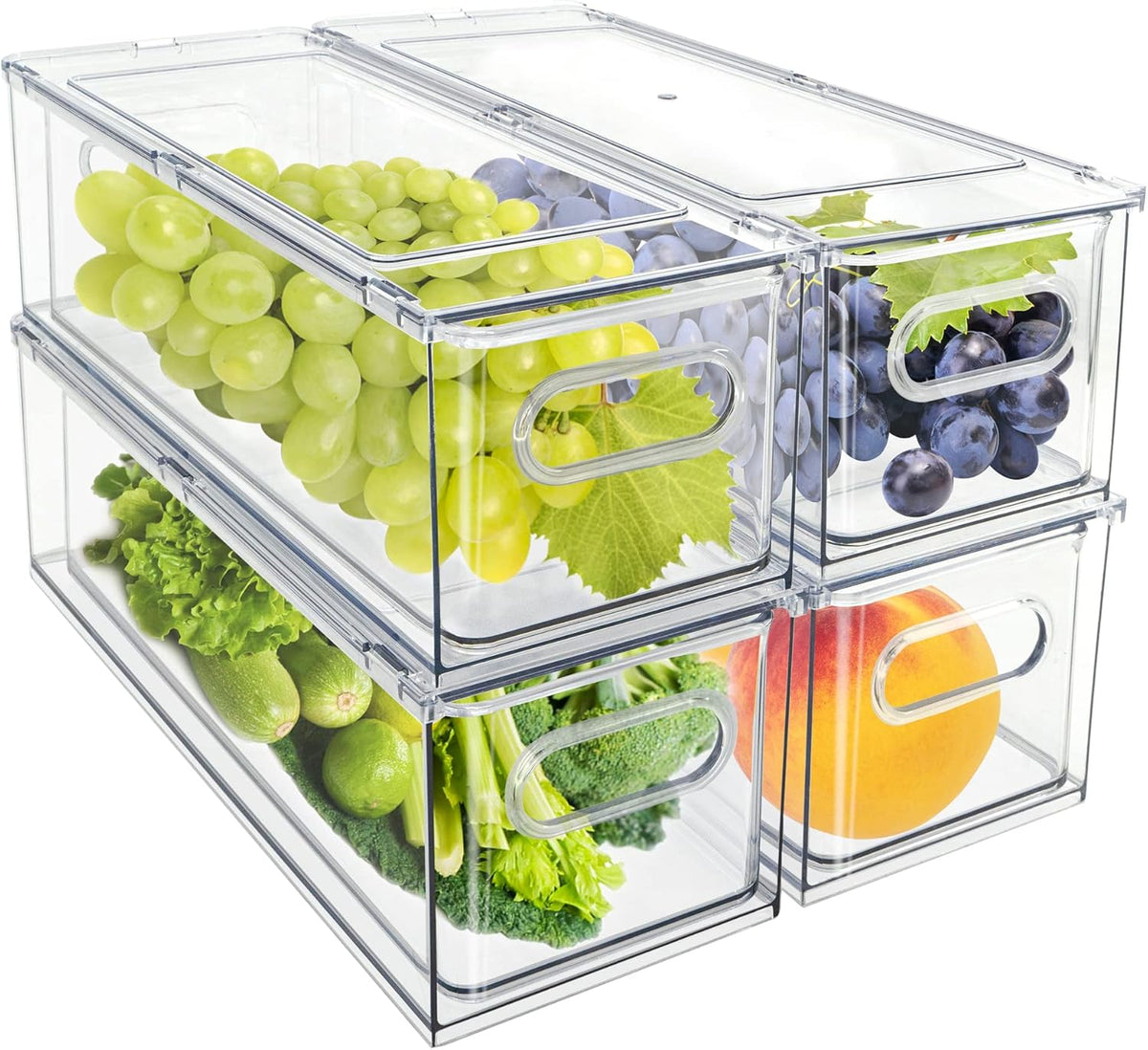 Fridge Drawer Pull Out Stackable Bins with Handle Clear Refrigerator Drawers Organizer Food Storage Container Box with Dividers Plastic Produce Saver for Pantry, Cabinet, Kitchen, Clothes（4Pack）