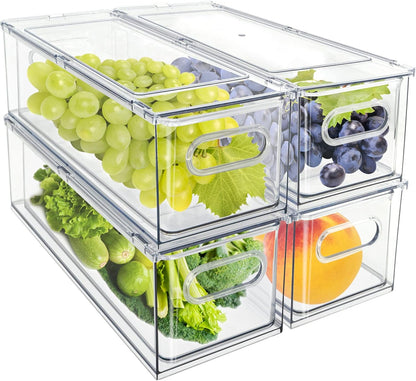 Fridge Drawer Pull Out Stackable Bins with Handle Clear Refrigerator Drawers Organizer Food Storage Container Box with Dividers Plastic Produce Saver for Pantry, Cabinet, Kitchen, Clothes（4Pack）