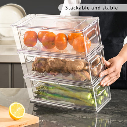 Fridge Drawer Pull Out Stackable Bins with Handle Clear Refrigerator Drawers Organizer Food Storage Container Box with Dividers Plastic Produce Saver for Pantry, Cabinet, Kitchen, Clothes（4Pack）