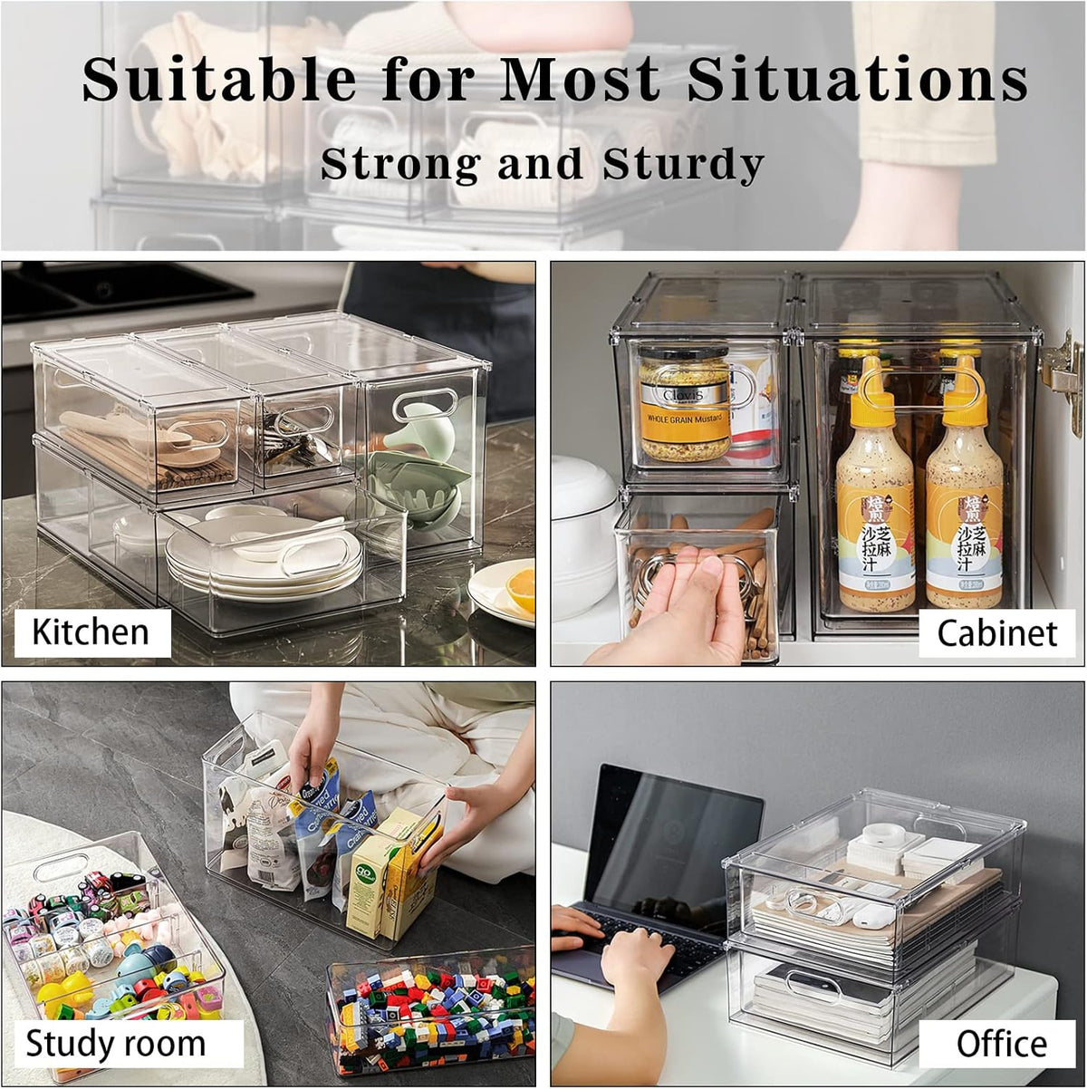 Fridge Drawer Pull Out Stackable Bins with Handle Clear Refrigerator Drawers Organizer Food Storage Container Box with Dividers Plastic Produce Saver for Pantry, Cabinet, Kitchen, Clothes（4Pack）