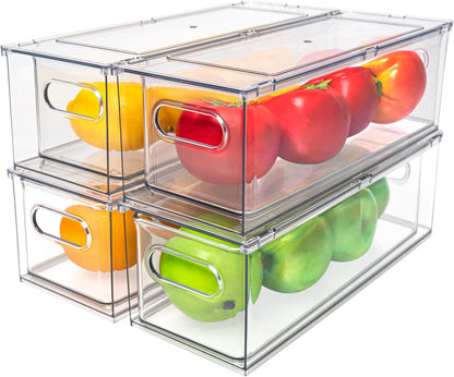 Fridge Drawer Pull Out Stackable Bins with Handle Clear Refrigerator Drawers Organizer Food Storage Container Box with Dividers Plastic Produce Saver for Pantry, Cabinet, Kitchen, Clothes（4Pack）