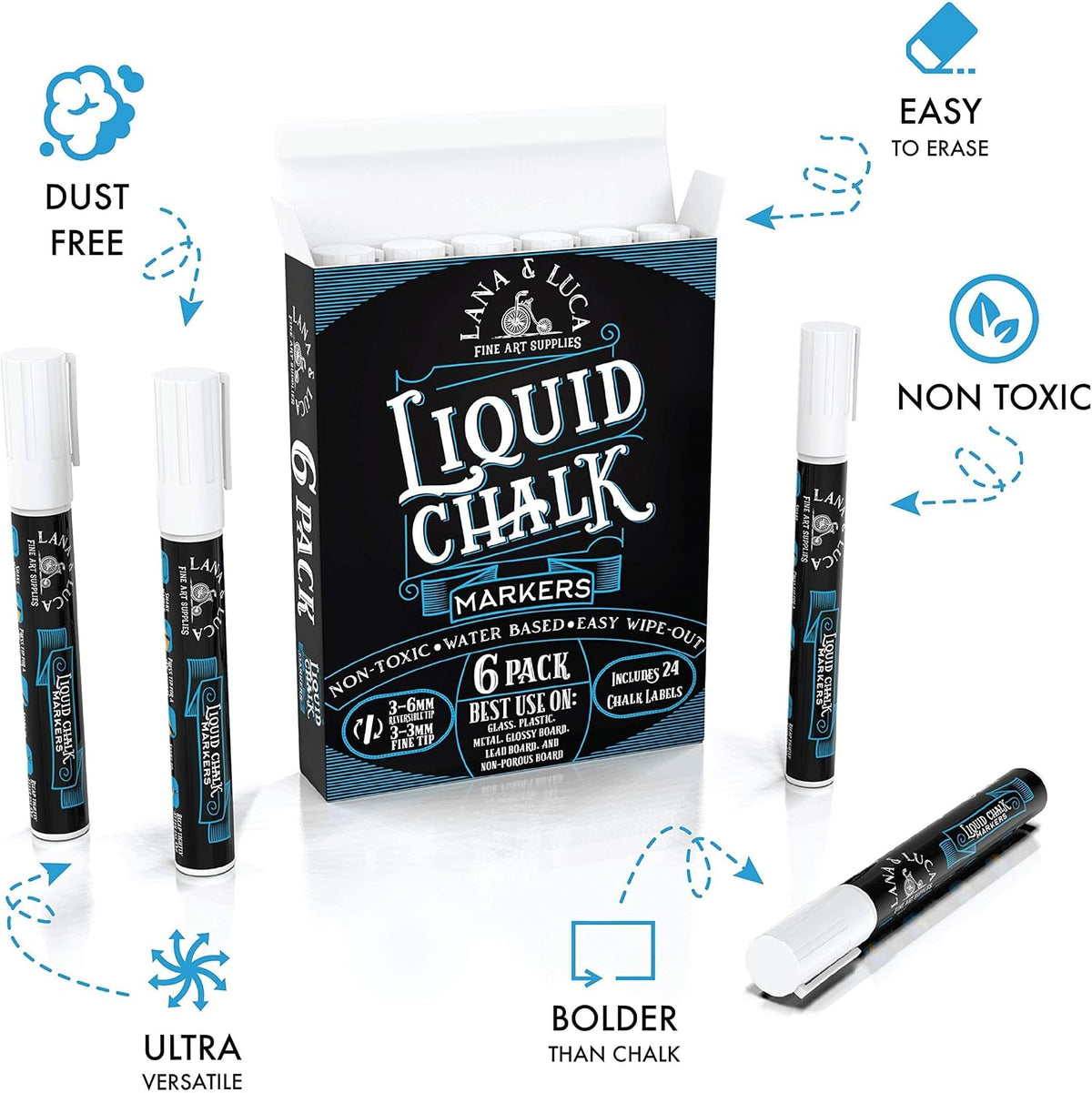 White Liquid Chalk Marker Pens - 6mm and 3mm, 3 of each