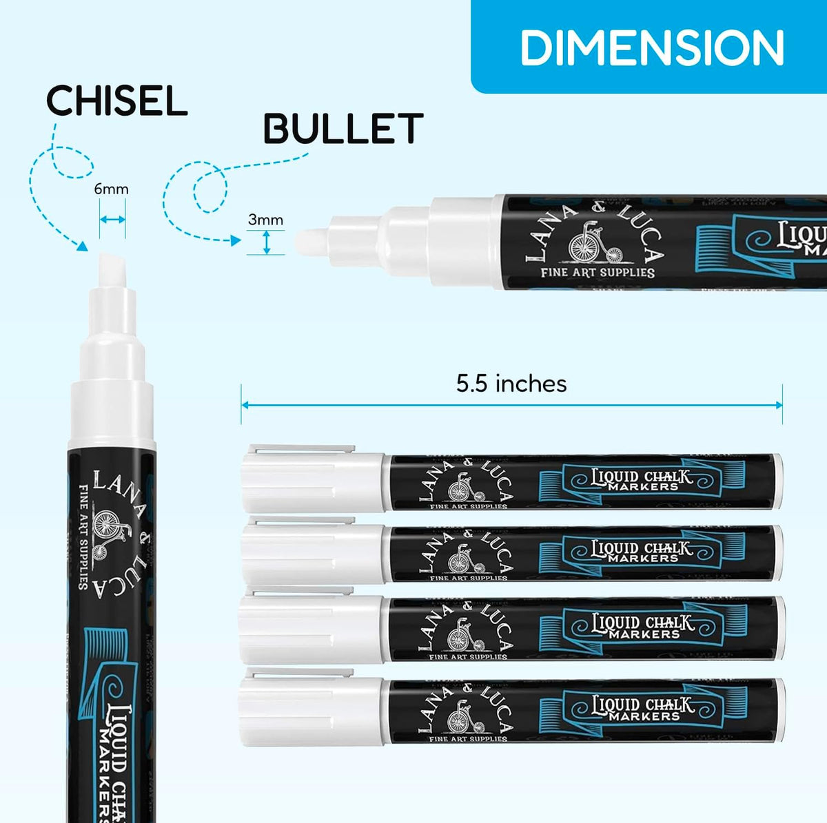 White Liquid Chalk Marker Pens - 6mm and 3mm, 3 of each