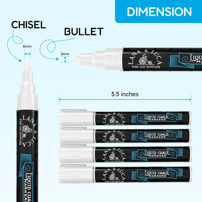 White Liquid Chalk Marker Pens - 6mm and 3mm, 3 of each