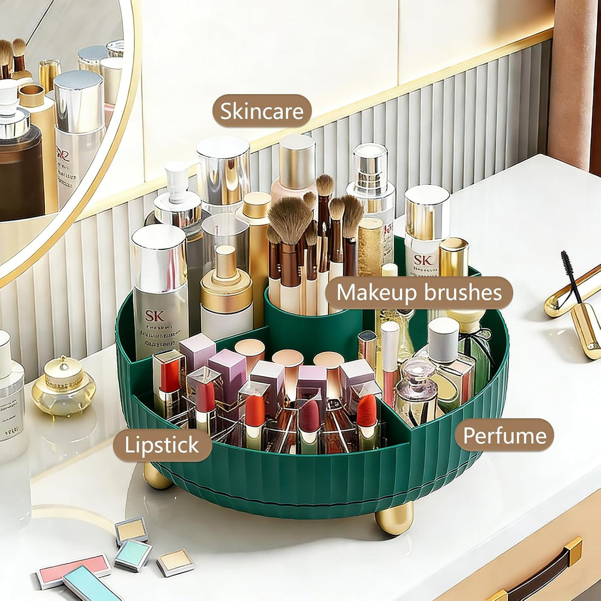 360 Rotating Makeup Perfume Organizer Skincare Tray, Small Grey | 360 Degree Spinning Lazy Susan Organizer Lotion Cosmetics Storage for Dresser, Vanity, Bathroom Countertop