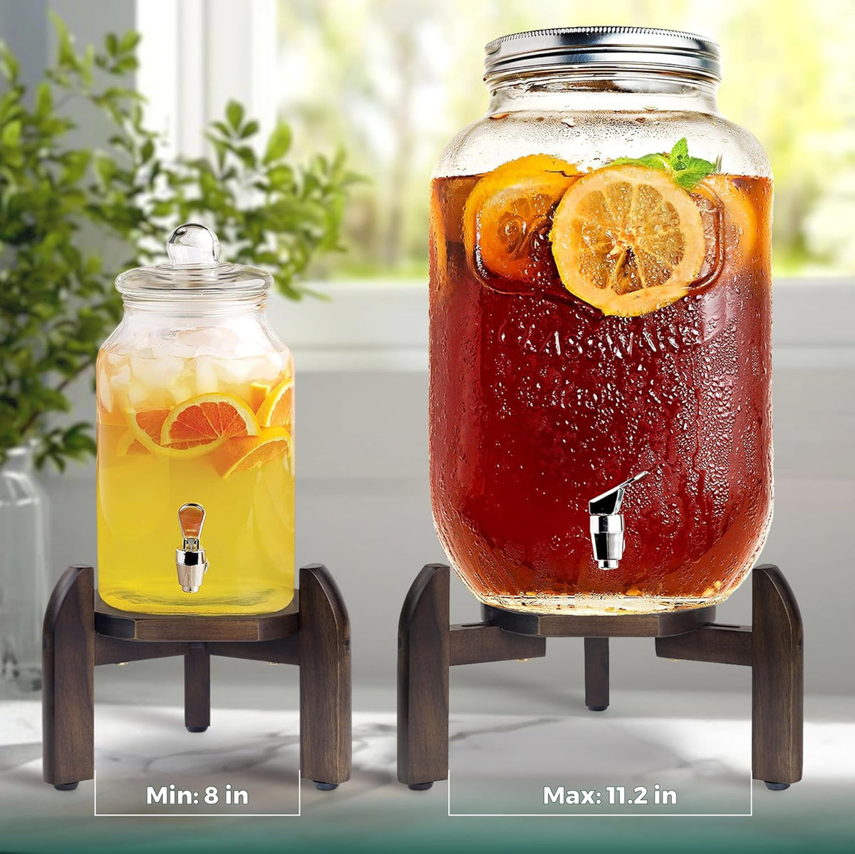 2 Pack Drink Dispenser Stand Adjustable Width from 8" to 11.2" Wide - Beverage Jar and Water Plastic Jug Holder - to Plant Flower Pots - Adjustable up to11.2-inch Wide (For 5-Gal Jug 8"-11.2") - Walnut Color