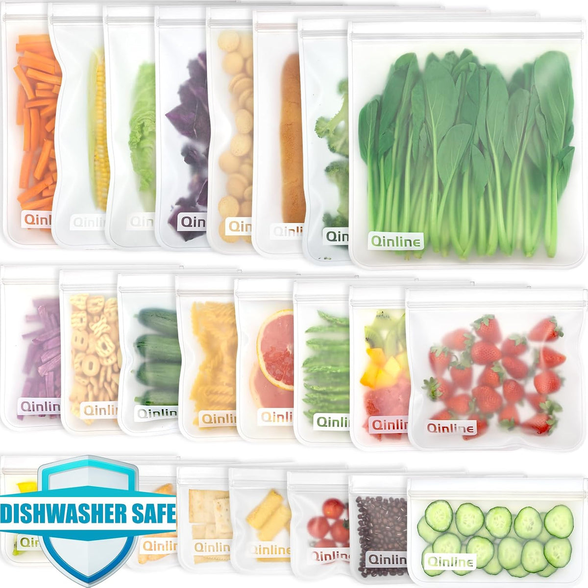 Reusable Food Storage Bags - 24 Pack Freezer Extra Thick Leakproof Lunch Bag - 8 Gallon 8 Sandwich 8 Snack Bags