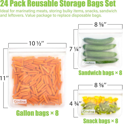 Reusable Food Storage Bags - 24 Pack Freezer Extra Thick Leakproof Lunch Bag - 8 Gallon 8 Sandwich 8 Snack Bags