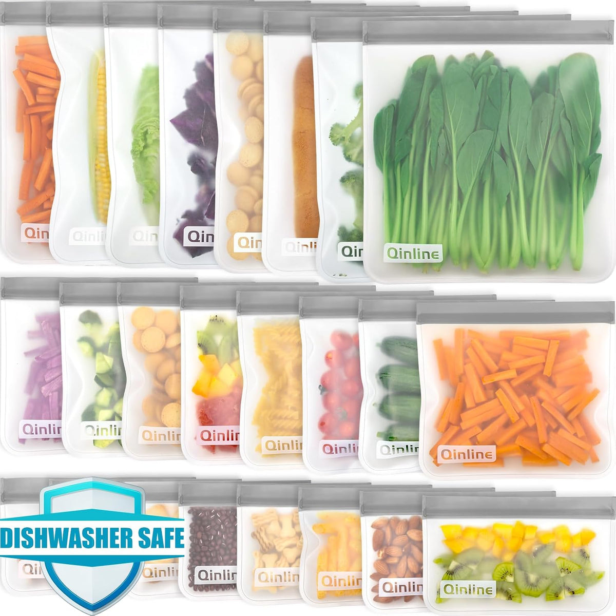 Reusable Food Storage Bags - 24 Pack Freezer Extra Thick Leakproof Lunch Bag - 8 Gallon 8 Sandwich 8 Snack Bags