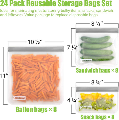 Reusable Food Storage Bags - 24 Pack Freezer Extra Thick Leakproof Lunch Bag - 8 Gallon 8 Sandwich 8 Snack Bags
