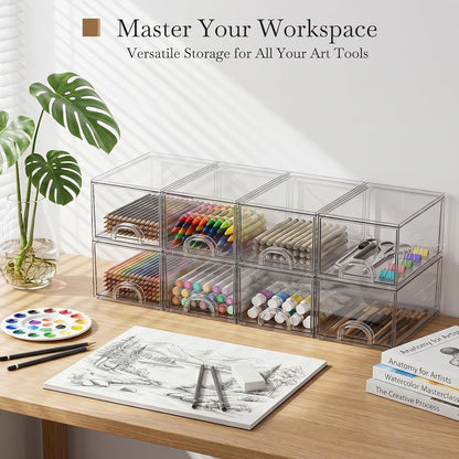 8 Pack Small Clear Stackable Acrylic Storage Boxes for Art Tool & Sketch, Storage Drawers, Storage Organizer, Clear Plastic Makeup Organizer, Ideal for Vanity, Cabinet, Desk Organization