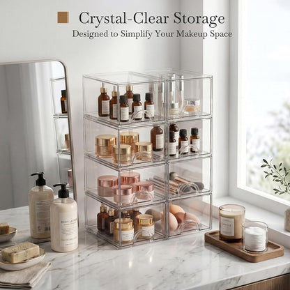8 Pack Small Clear Stackable Acrylic Storage Boxes for Art Tool & Sketch, Storage Drawers, Storage Organizer, Clear Plastic Makeup Organizer, Ideal for Vanity, Cabinet, Desk Organization