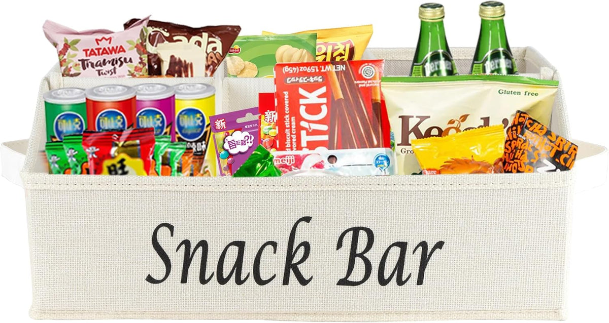 Snack Organizer for Countertop, Pantry Storage Bins with Handles, Fabric Snack Bar Station Container, 6 Compartment Food Container Box for Pantry, Kitchen Cabinet Pantry Organizer-SnowGrey