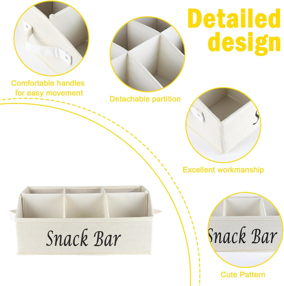 Snack Organizer for Countertop, Pantry Storage Bins with Handles, Fabric Snack Bar Station Container, 6 Compartment Food Container Box for Pantry, Kitchen Cabinet Pantry Organizer-SnowGrey