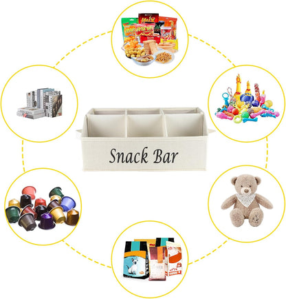 Snack Organizer for Countertop, Pantry Storage Bins with Handles, Fabric Snack Bar Station Container, 6 Compartment Food Container Box for Pantry, Kitchen Cabinet Pantry Organizer-SnowGrey
