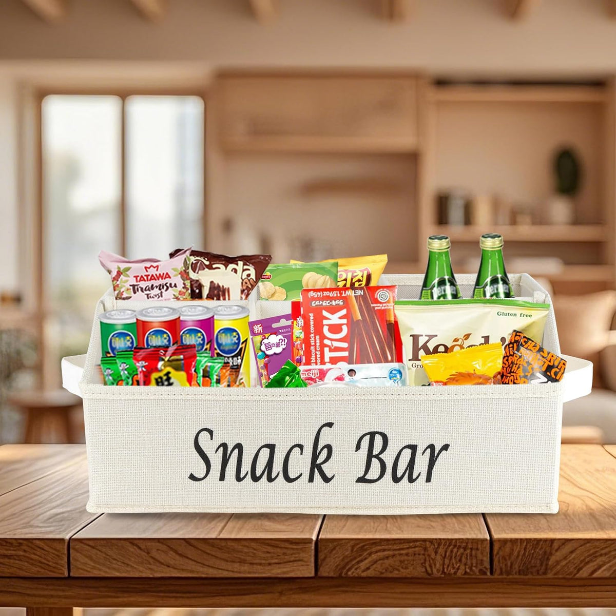 Snack Organizer for Countertop, Pantry Storage Bins with Handles, Fabric Snack Bar Station Container, 6 Compartment Food Container Box for Pantry, Kitchen Cabinet Pantry Organizer-SnowGrey