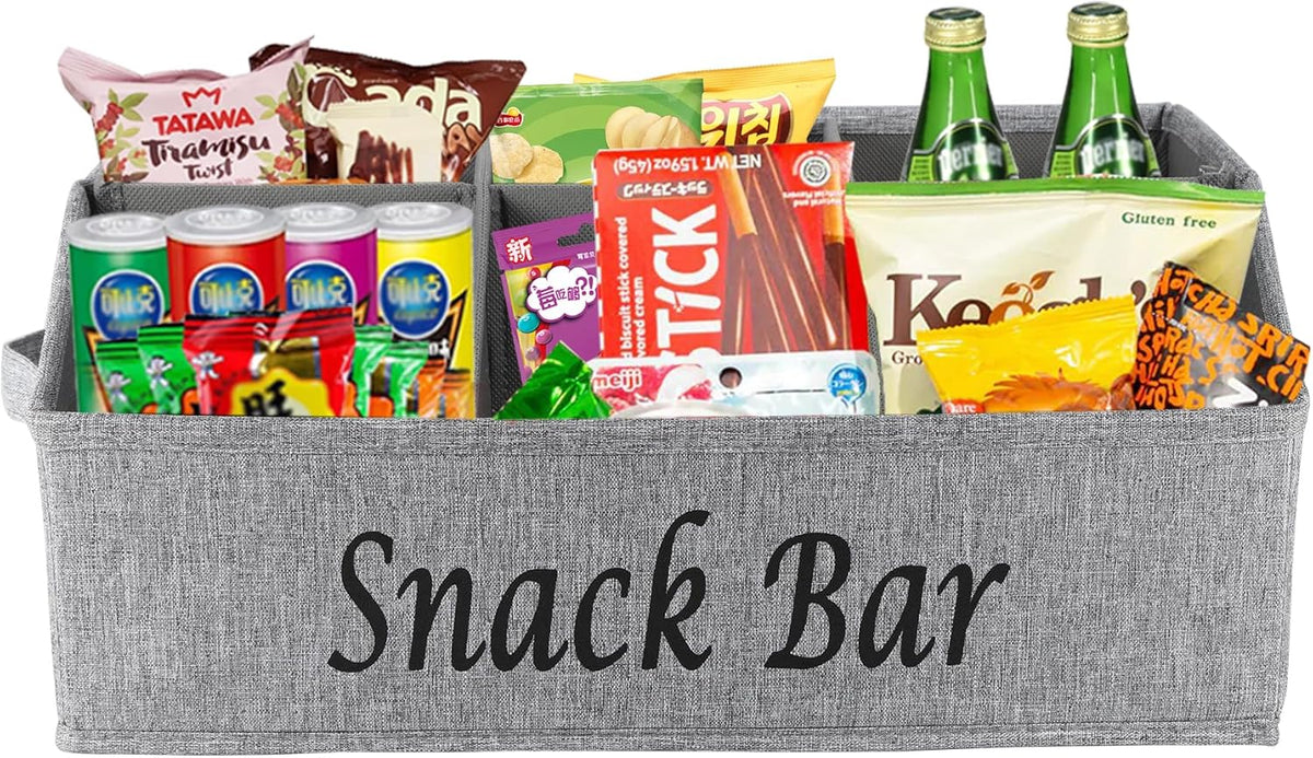 Snack Organizer for Countertop, Pantry Storage Bins with Handles, Fabric Snack Bar Station Container, 6 Compartment Food Container Box for Pantry, Kitchen Cabinet Pantry Organizer-SnowGrey