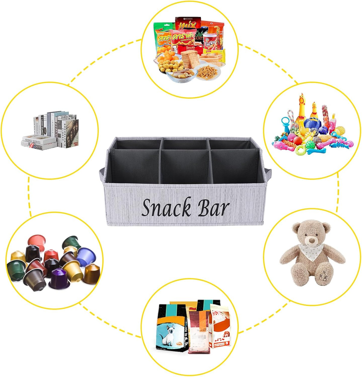 Snack Organizer for Countertop, Pantry Storage Bins with Handles, Fabric Snack Bar Station Container, 6 Compartment Food Container Box for Pantry, Kitchen Cabinet Pantry Organizer-SnowGrey